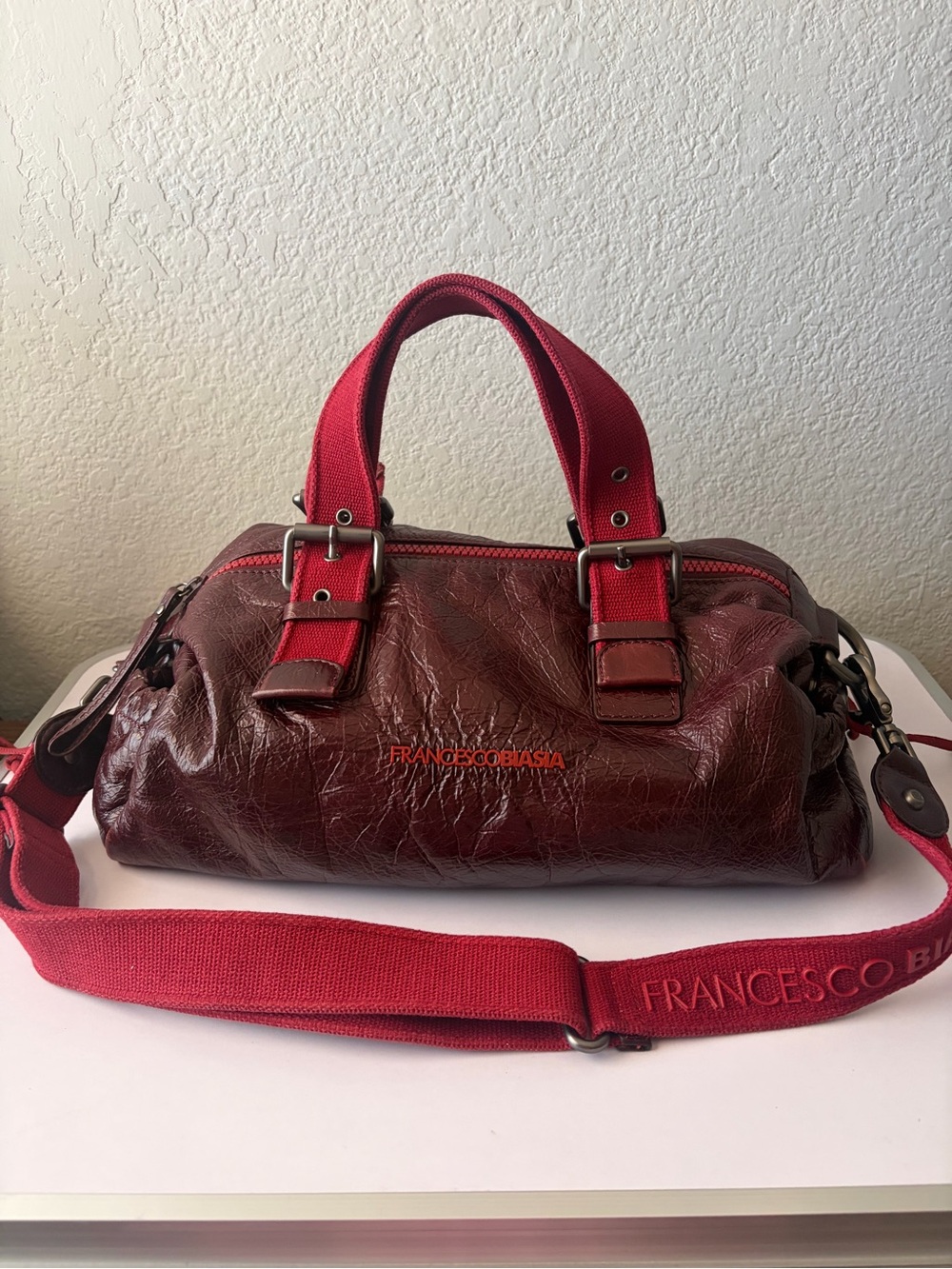 Francesco Biasia Burgundy Leather Barrel Satchel with Red Strap